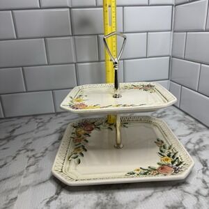 Vintage Lefton China 2 Tier Tidbit Tray Fruit Pattern Dessert Serving Stand 6729